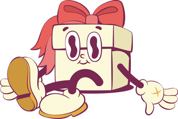 Retro groovy gift box mascot character