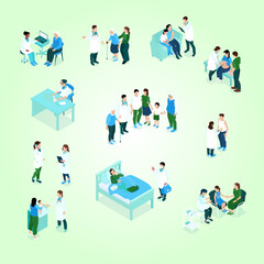 Isometric family doctor color set with isolated compositions of medical specialists and adult relatives with kids vector illustration
