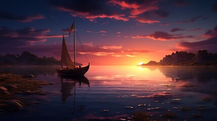 The peaceful solitude of twilight envelops the scene, with the solitary boat resting serenely by the shore against the backdrop of a breathtaking sunset - obrazy, fototapety, plakaty