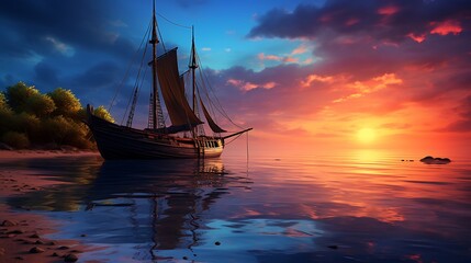 The peaceful solitude of dusk envelops the scene, with the solitary boat gently swaying by the shore as the sun sets in a blaze of colors - obrazy, fototapety, plakaty