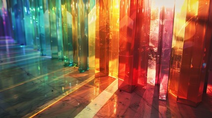 Refracting light to create prism effects and an aurora of colors, a tinted glass art installation is featured.
