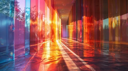 A tinted glass art installation creates prism effects and an aurora of colors by refracting light.
