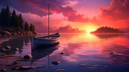 The peaceful solitude of twilight envelops the scene, with the solitary boat resting serenely by the shore against the backdrop of a breathtaking sunset - obrazy, fototapety, plakaty