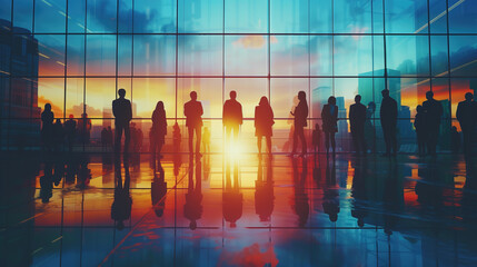 Silhouettes of Business Professionals Overlooking Cityscape at Sunset
