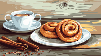Tasty cinnamon buns on table Vector illustration