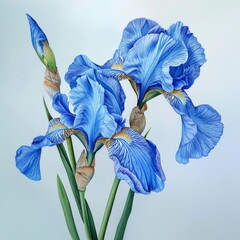 Iris Flower Botanical Illustration, Blue Spring Flowers Realistic Painting, Iris Drawing Imitation