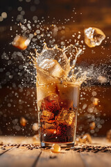Professional Photography of Summer Drinks: iced coffee with splashes and bursts. Professional lighting, realistic splashes, coolness spirits, exhilarating and attractive.