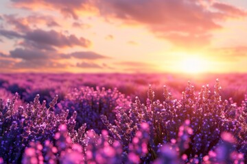 Fototapeta premium Lavender Field at Sunset, Purple Flowers Landscape, Morning Lavender Fields, Copy Space