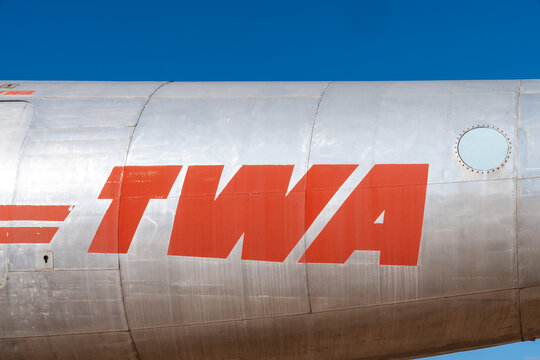 Tucson, Arizona - December 21, 2023: TWA Trans-World Airlines commercial airplane on display