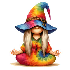 A whimsical gnome girl in a Hippie-style tie-dye colorful dress, meditating, depicted with a peaceful expression. The gnome has long hair covering her face, revealing only her nose and mouth. 