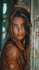 Naklejka premium Thoughtful woman in a graceful scarf looks contemplative, her eyes revealing hidden narratives