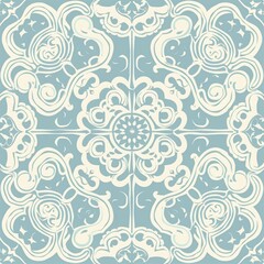 A clean and harmonious seamless background pattern featuring an Oriental geometric texture with waves and curvy lines in a festive sky blue mandala design.
