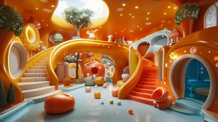 The image is an illustration of a colorful and vibrant indoor playground
