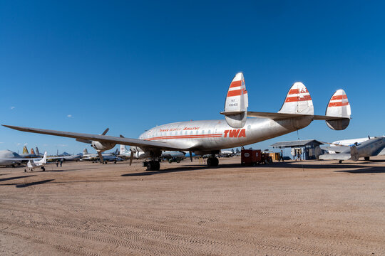 Tucson, Arizona - December 21, 2023: TWA Trans-World Airlines commercial airplane on display
