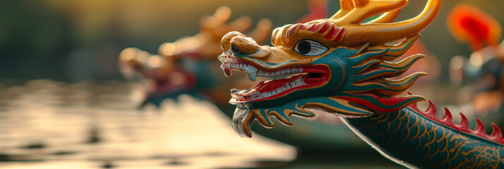 Fototapeta premium Dragon Boat Festival. Close-up of a dragon on a boat, colorful and majestic, in the water. Generative AI