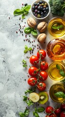 Assortment of fresh vegetables, fruits, nuts, and olive oil spread out on a grey textured background, ready for healthy meal preparation.