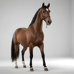 Female belgian warmblood bwp 4 years old with mane braided with buttons looking at camera against white background generate ai