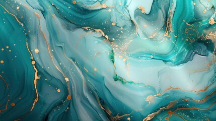 A painting of a blue and gold swirl with gold specks. The painting has a calming and serene mood