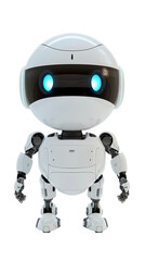 A white robot with blue eyes standing in front of a transparent background. Cutout