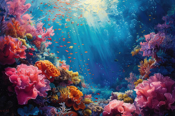 A vibrant coral reef teeming with colorful marine life, sunlight filtering through the water creating an enchanting underwater scene. Created with Ai