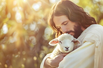 Jesus Christ holding and hugging a lamb