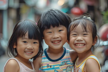 Portrait of asian children hugging each other on street