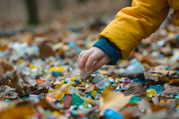 Closeup of a hand collecting trash in a park