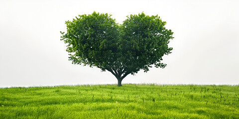 Green heart shape tree in green grass on white background nature border design