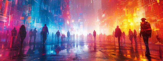 Obraz premium Digital Trust: People Interacting in Secure Cyber City - Abstract Artistic Representation