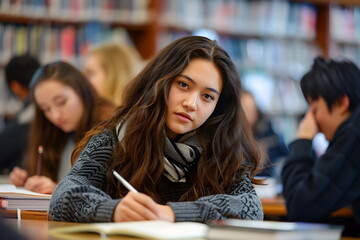 Portrait of a female student writing at school in class