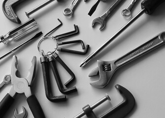 Scattered Mechanic Tools With Black Handles Isolated On White Surface. Grayscale Stock Photo For...
