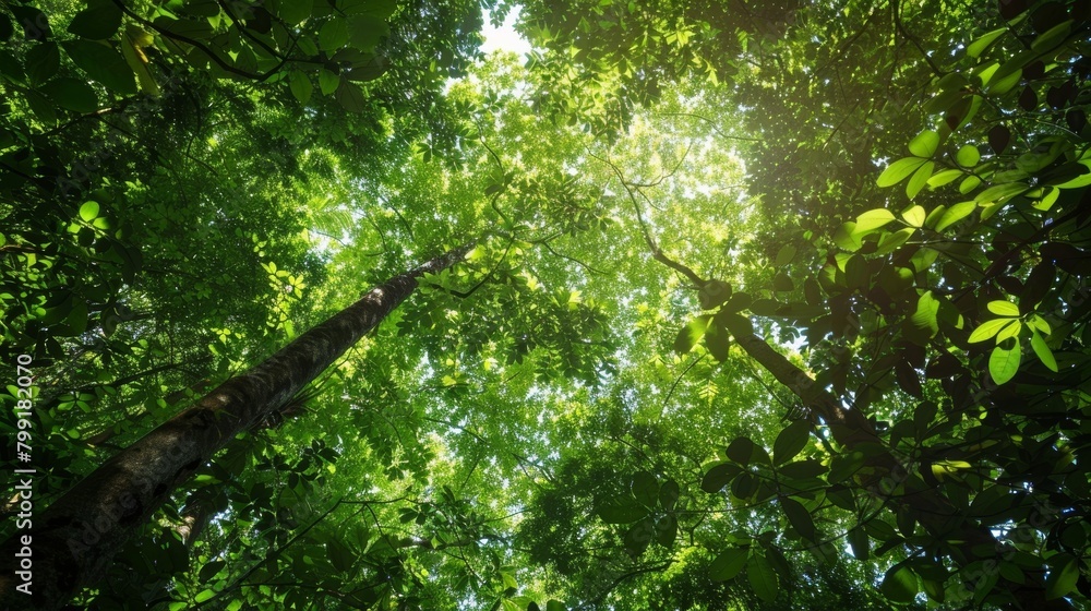 Poster the viewer looks up into the lush green canopy of a tropical forest, with sunlight filtering through