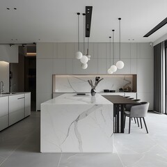 Minimalist modern interior design of kitchen with white marble stone island, dining table and chairs