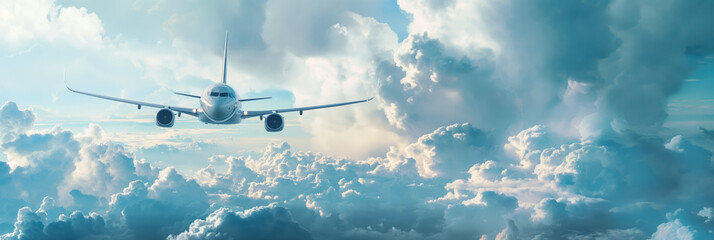 Image captures a commercial airplane in flight surrounded by magnificent fluffy clouds under a blue...