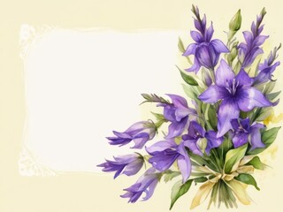 Watercolor clip art with  bouquet of purple  bell flowers on light background with copy space for greeting card