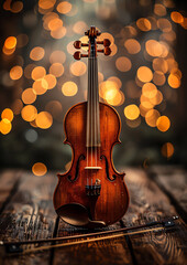 A classic violin resting on a rustic wooden surface, illuminated by the warm, glowing bokeh of light circles in the background.