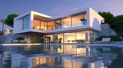 Fototapeta premium A stunning modern house with glass windows, sleek architecture, and an elegant pool