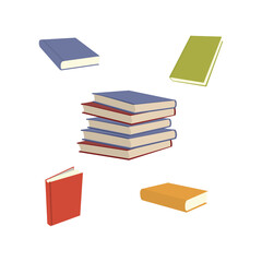 Vector illustration of book stacks and piles, school textbooks and bestsellers, dictionaries and encyclopedias, library or bookstore literature. Isolated flat of cartoon books.