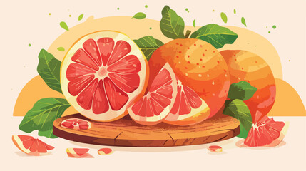 Tasty whole pomelo fruits and wooden plate with piece
