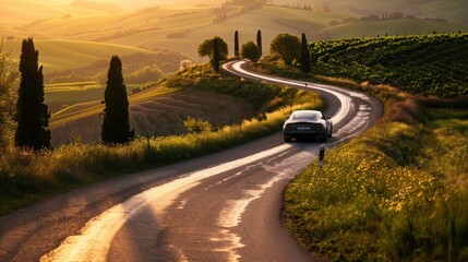 Sport car on a winding road in Tuscany - Powered by Adobe