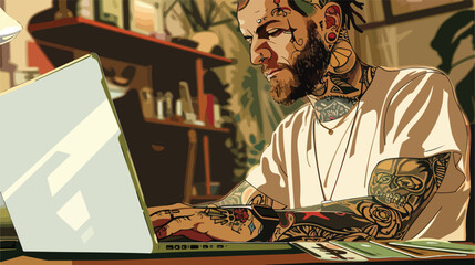 Tattooed young man with credit cards using laptop 