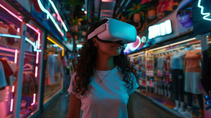 Woman in vr headset fully engaged in a colorful neon shopping stores environment