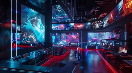 An immersive gaming arena with transparent screens covering every surface, offering AI-enhanced competitive gaming experiences - obrazy, fototapety, plakaty