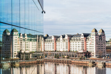 Oslo cityscape reflected on Opera House glass