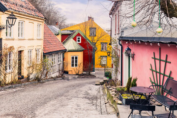 Charming street in Old Oslo district, Norway