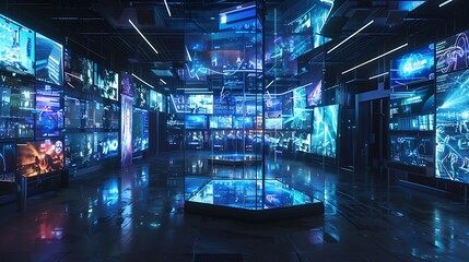 An immersive gaming arena with transparent screens covering every surface, offering AI-enhanced...