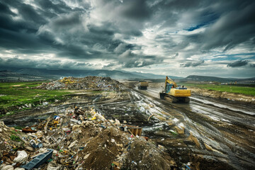 Landfill Waste Management and Compaction Under Cloudy Sky - Powered by Adobe