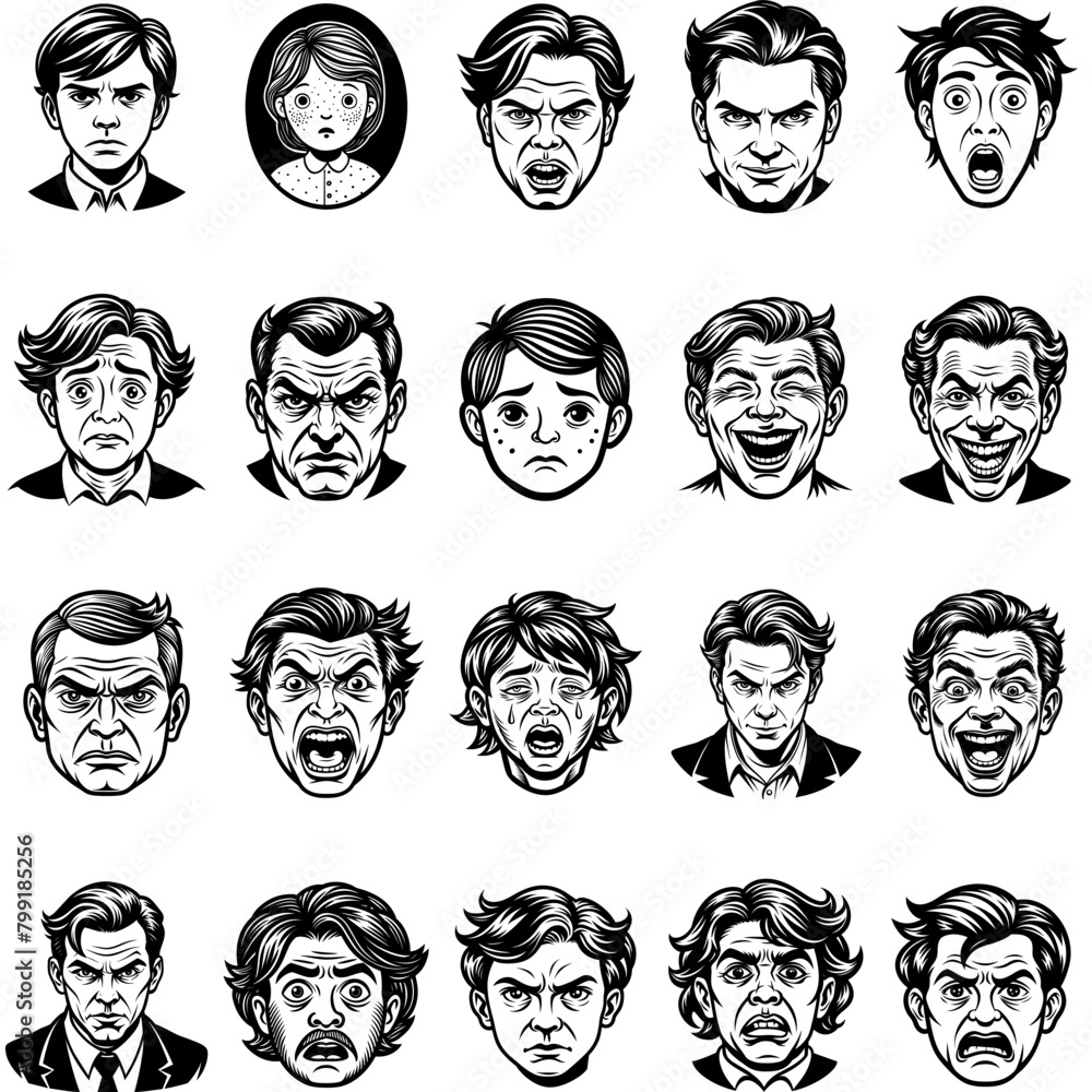 Poster a collection of vector illustrations capturing a variety of faces displaying different emotions and 