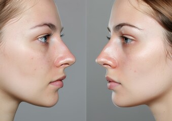 Obraz premium Before and after plastic surgery of nose. Rhinoplasty. Crooked nose correcting. Young woman profile portrait, isolated on white background. Beauty female, model girl face close-up. Aesthetic medicine