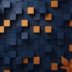 Indigo abstract background with autumn colors textured design for Thanksgiving, Halloween, and fall. Geometric block pattern with copy space